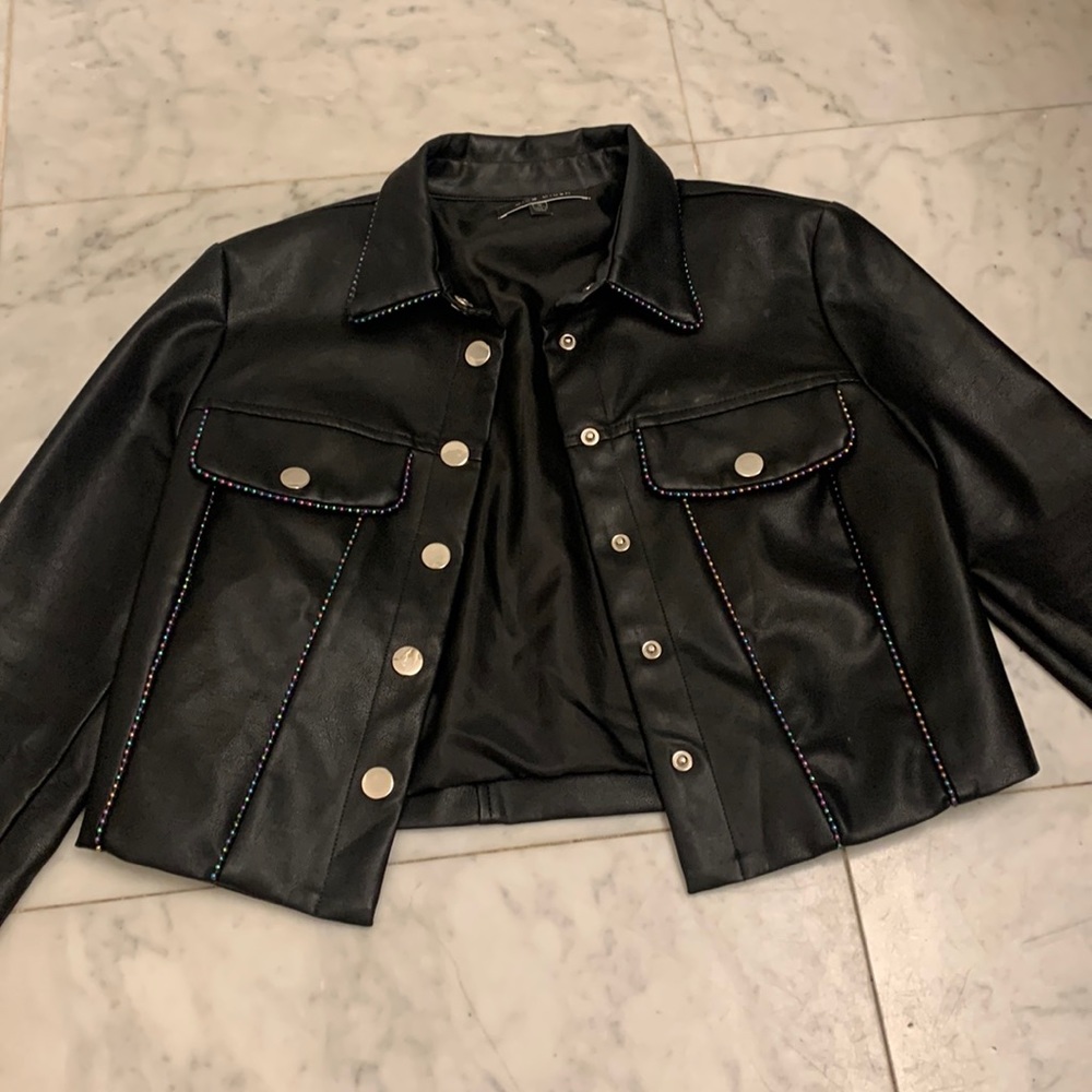 Blue Blush iridescent stud cropped leather jacket